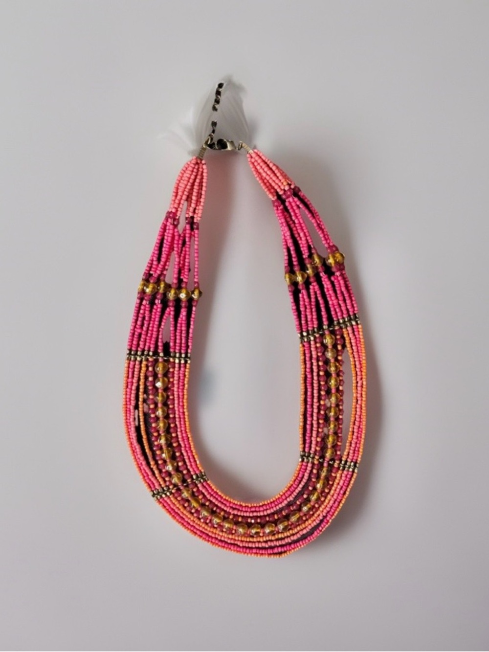 Boho Ethnic Multi Layer Seed Bead Necklace Pink Orange Gold Tone Statement Bib. - Picture 7 of 7